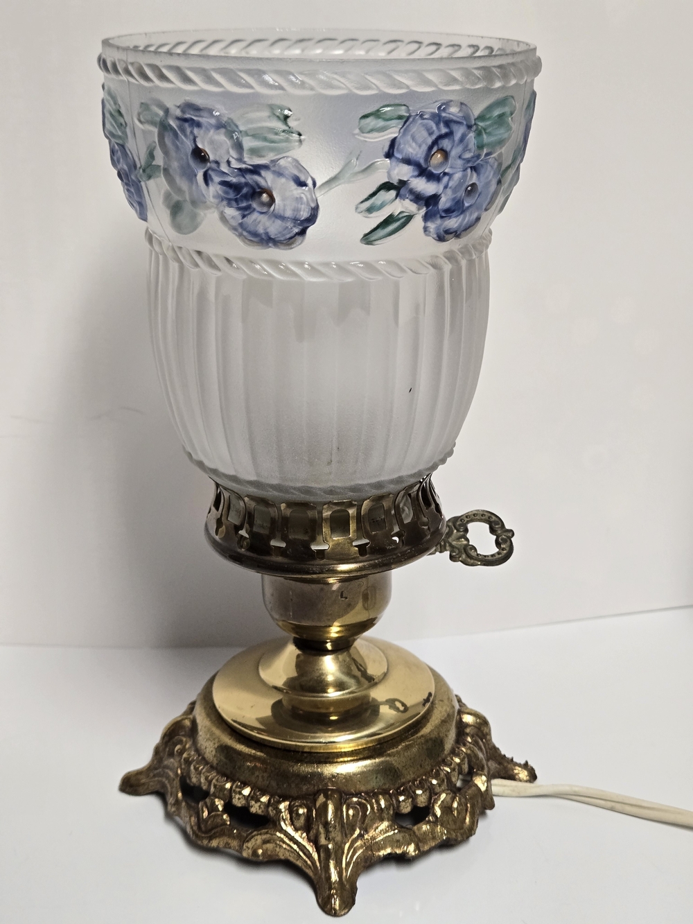 Hurricane Table Lamp with Frosted Blue Floral Glass Shade